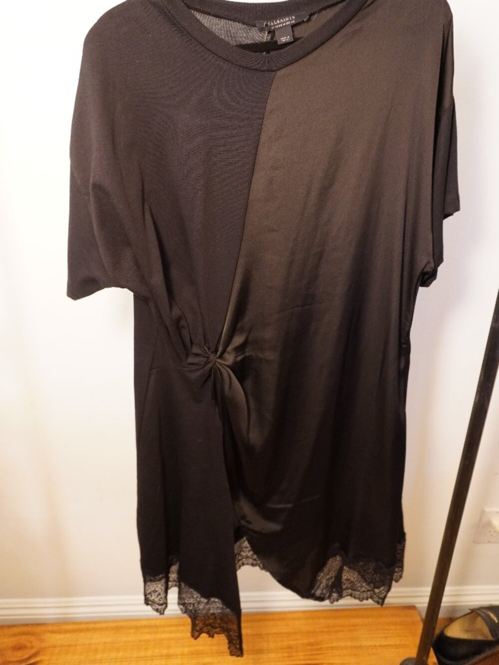 NWT AllSaints Black Mixed Fabric Lace Hem Draped Top US 10